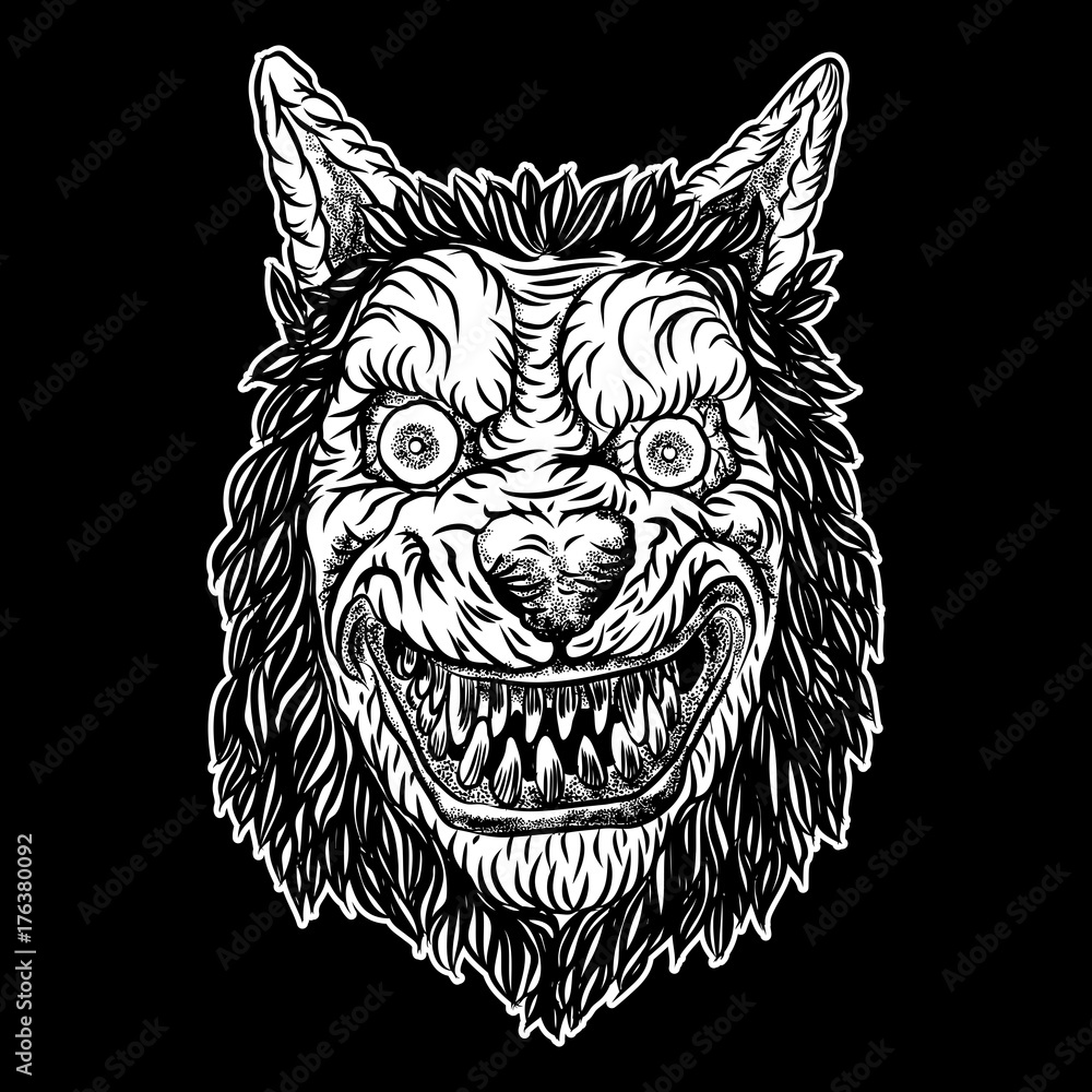 Wall mural Wolf blackwork tattoo flash concept isolated on white. Angry wolf head. Detailed werewolf mascot illustration. Vector.