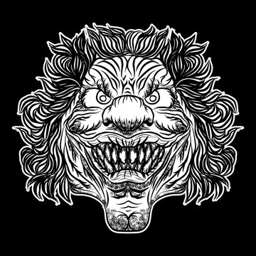 Devil clown head illustration. Nightmare inspired satanic influence clown face with mohawk, dark twist face gesture. Possessed by demon smiling mascot. Blackwork adult flesh tattoo concept. Vector.