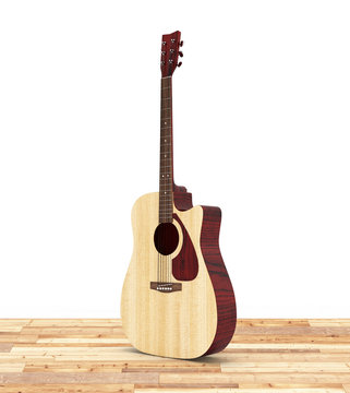 Acoustic guitar on wood floor and white background 3d