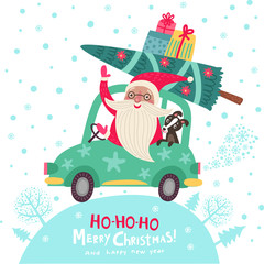 Christmas poster with Santa and dog