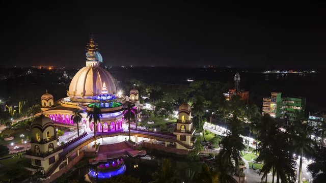 Hare Krishna temple in Mayapur, Bengal, night 4k time-lapse, Srila Prabhupada samadhi mandir