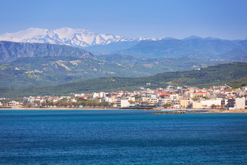 Coastline of Kissamos town on Crete with Samaria mountains, Greece