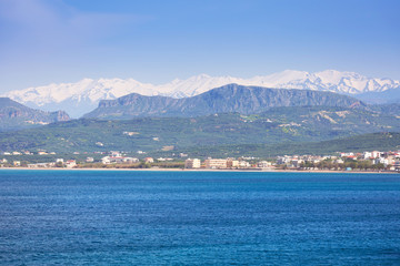 Fototapeta na wymiar Coastline of Kissamos town on Crete with Samaria mountains, Greece