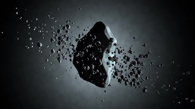 3D rendered Animation of Asteroid floating in space	with orbiting rocks.
