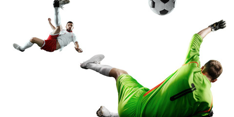Soccer player performs an action play and beats the ball. The football goalkeeper catches the ball. Isolated football player and goalkeeper in unbranded uniform on a white background.