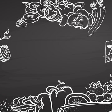 Healthy food doodle sketches on chalkboard with copyspace