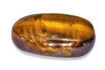 The semi-precious stone Tiger’s Eye, polished, on a white background.