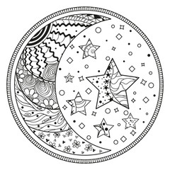 Mandala. Moon and star with abstract patterns. Hand drawn circle zendala with abstract patterns on isolation background. Design for spiritual relaxation. Black and white illustration for coloring.