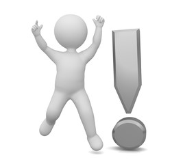 jumping winner stick man with silver grey gray exclamation mark exclamation point 3d punctuation mark jubilant lucky person guy isolated on white