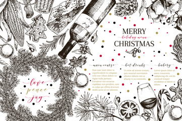 Christams menu. Vector sketched vintage style banner.Holiday reataurnat promotion. Xmas decoration, food. Cotton, gingerbread cookies, cocoa, wine, vegetables. New Year party. Business promotion