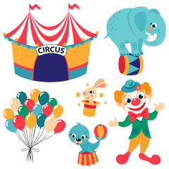 Circus collection with rabbit in hat, elephant on the ball,balloon and clown. Vector character isolated on background.Colored icons collection.
