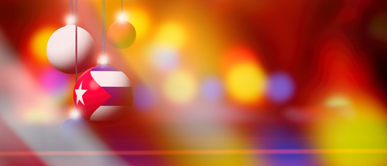 Cuba flag on Christmas ball with blurred and abstract background.