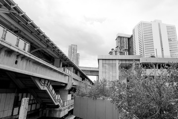 landscape city with sky train in black and white tone background