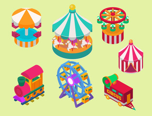 Circus isometric show entertainment tent marquee outdoor festival with stripes and flags carnival signs