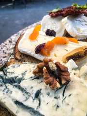 italian starters - blue cheese, dried tomatoes, dried fruits, camembert, 
