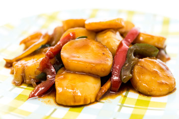 wok fried Scallops stir fry with sweet peppers and chinese vegetables