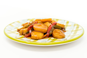 wok fried Scallops stir fry with sweet peppers and chinese vegetables