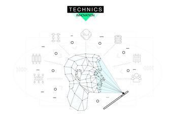 Trendy technics Innovation systems layouts in polygonal contour line composition, future analysis and technology operations. Made in awesome realy geometry style with linear pictogram of future design
