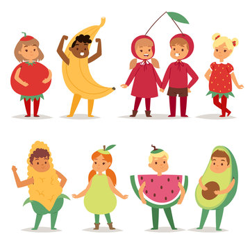 Cartoon kids fruits festive costume boys and girls fancy dress childhood party characters vector illustration.