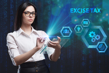 The concept of business, technology, the Internet and the network. A young entrepreneur working on a virtual screen of the future and sees the inscription: Excise tax