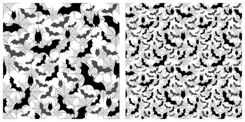 Seamless on transparent background. Three layers of black bats, gray bats and gray cobweb are overlay. Single pattern is shown in the left. The example of assembly seamless is shown in the right.  