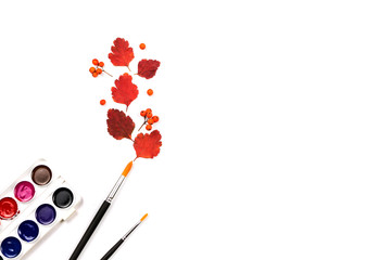 Autumn leaves and rowan berries with pen and water colors. Autumn concept.