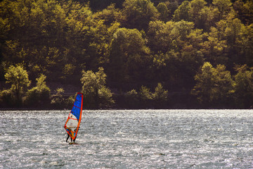 lonely windsurfer and green coastline
