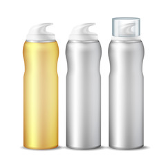 Realistic Spray Can Vector. Branding Design Aluminium Can Template Blank. Dispenser For Cream, Cosmetics. Gel Or Foam Dispenser Pump. Template For Mock Up. Isolated Illustration