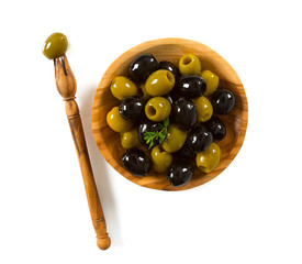 black and green olives in a wooden bowl