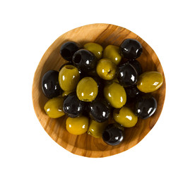 black and green olives in a wooden bowl