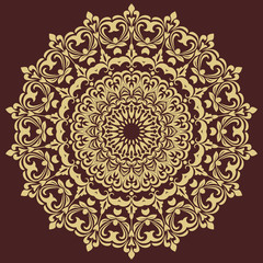 Oriental vector round pattern with golden arabesques and floral elements. Traditional classic ornament. Vintage pattern with arabesques