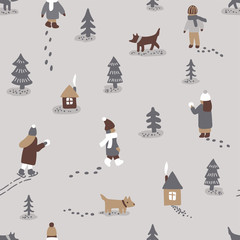 Hand drawn vector fun winter time illustration. Seamless pattern with people dogs, trees and houses - 176392805
