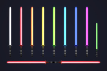 Futuristic light sabers set. Collection of glowing laser swords