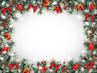 Fototapeta na wymiar Decorative Christmas Frame with Ornaments, Pine Cones, Fir Branches and Berries Covered with Snowflakes