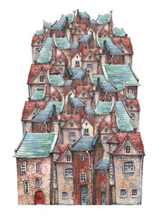 Fototapety  Akwarela ilustracja starego miasta na wzgórzu z europejskimi ceglanymi domami, dachówkami i drewnianymi drzwiami. Bajka marzeń.