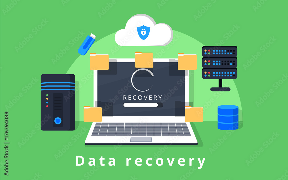 Poster data recovery, data backup, restoration and security flat design vector with icons