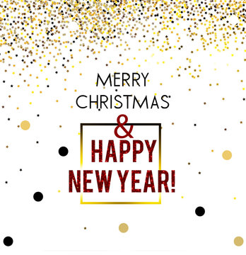Merry Christmas  greeting vector illustration with golden stars, glitters, sparkles and text