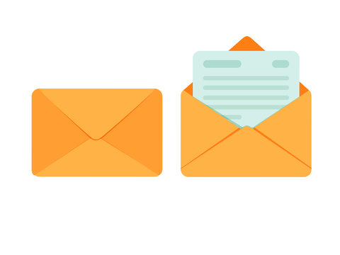 Opened and closed envelope with note paper card. Mail icon. Vector illustration