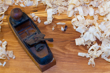 Wood Plane on slab with Wood Shavings
