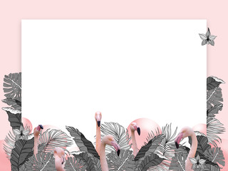 funny and modern summer tropical background with exotic palm leaves and flamingo, free space for...