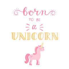 Lettering with pink unicorn . Vector .