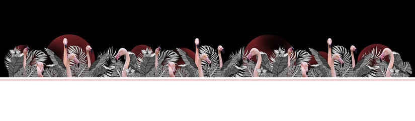 funny and modern summer tropical background with exotic palm leaves and flamingo, free space for...