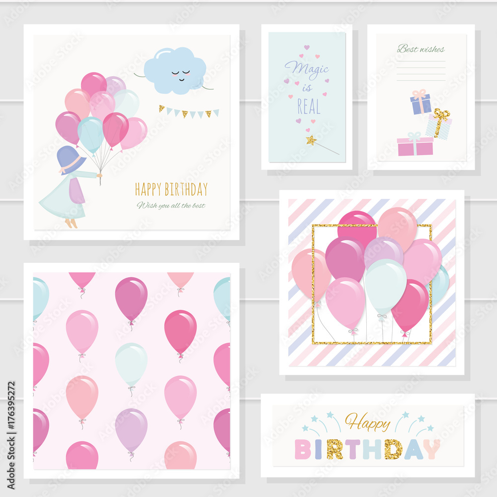 Wall mural cute birthday cards for girls with glitter elements. included seamless pattern with colorful balloon