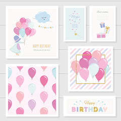 Cute birthday cards for girls with glitter elements. Included seamless pattern with colorful balloons. Watercolor.