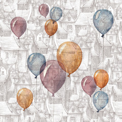 Fototapeta na wymiar A seamless pattern with a watercolor illustration of balloons and an old town on the background. Roofs, European brick houses and flying balloons - romantic fairytale.