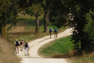 Pèlerins sur le chemin de Saint-Jacques à Castelnau-sur-l'Avignon, Midi-Pyrénées, Gers, France - obrazy, fototapety, plakaty