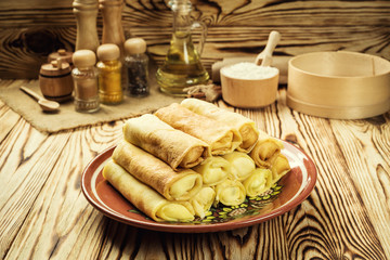 Stack of pancakes,One plain pancakes,Breakfast,snacks.Pancakes Day.Stack of kefir (buttermilk) pancakes,Pancakes with curd and raisins,Food photography.Breakfast for the whole family.With copy space