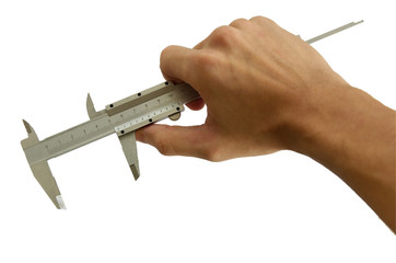 hand with caliper on white background