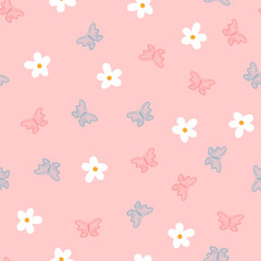 Small flowers and butterflies drawn by hand. Cute seamless pattern for children.