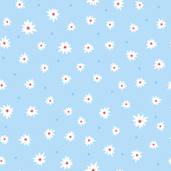 Cute floral seamless pattern. Small white flowers on blue background  with round dots.